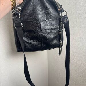 The Sak Black Leather crossbody vintage purse with crochet detail